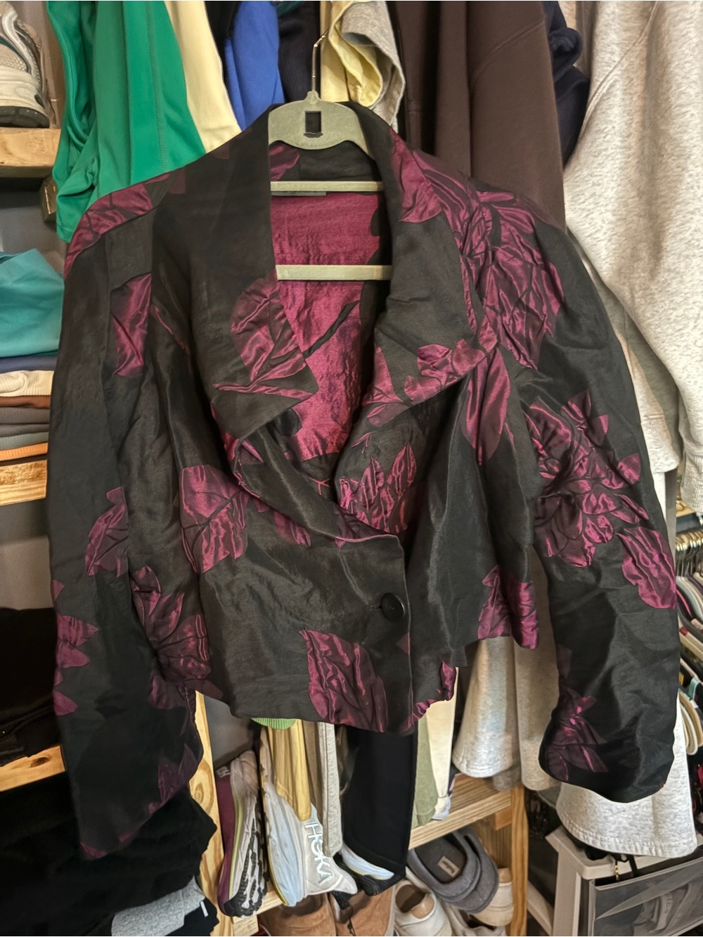Women’s Black and Deep Plum Floral Cropped Jacket